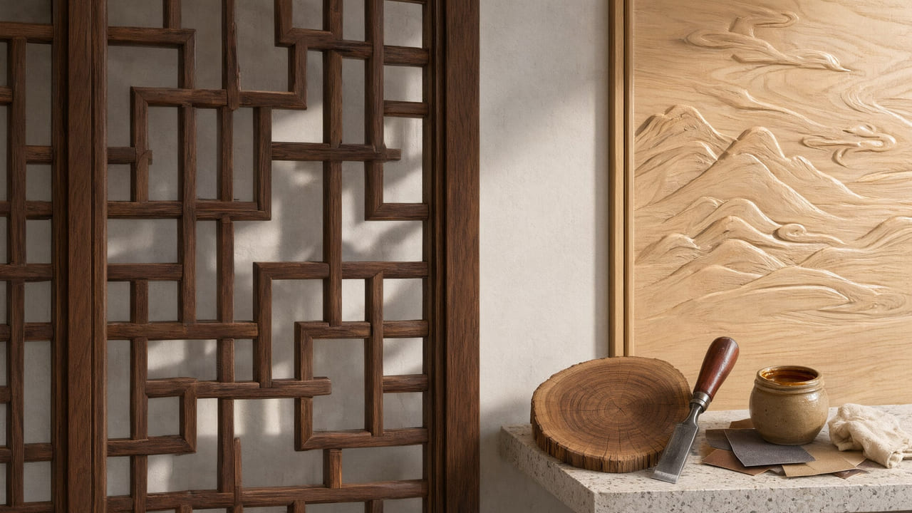 济南酒店中式木作:大堂屏风与客房木雕怎么配 · 工艺细节示意(AI 生成)