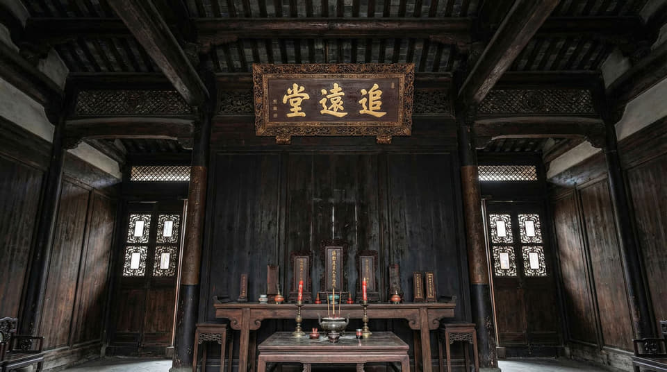 传统祠堂中堂木作、匾额和供案整体空间