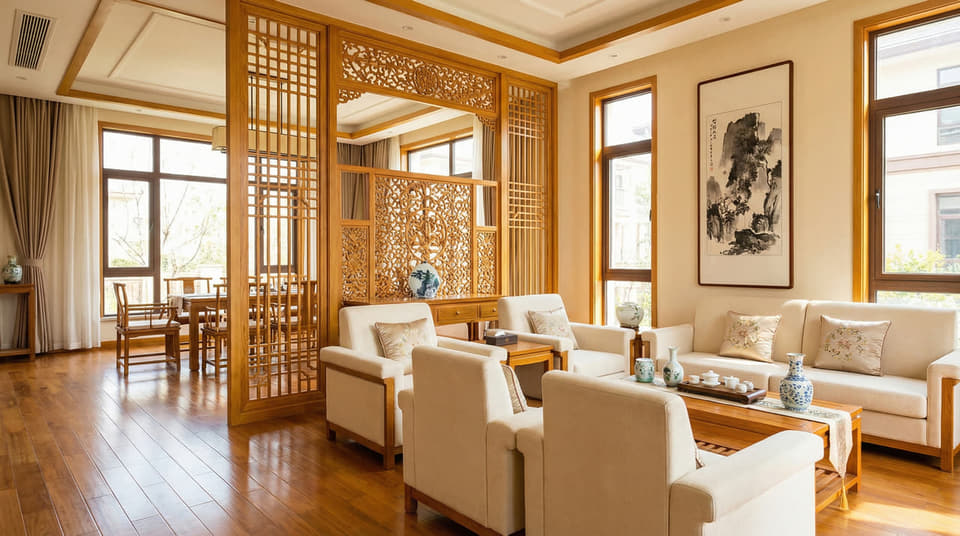 私宅客厅花格隔断与会客区整屋木作效果