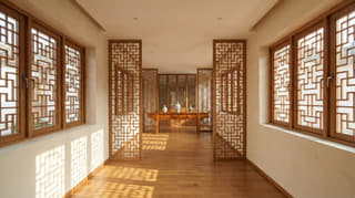 私宅过厅花格门窗和阳光通廊木作效果