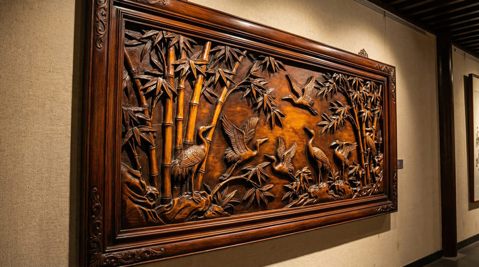 竹鹤图木雕浮雕壁板墙面实景