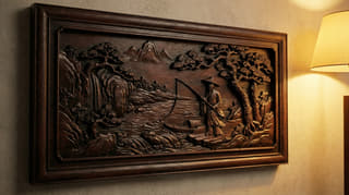 溪山垂钓木雕浮雕壁板实拍