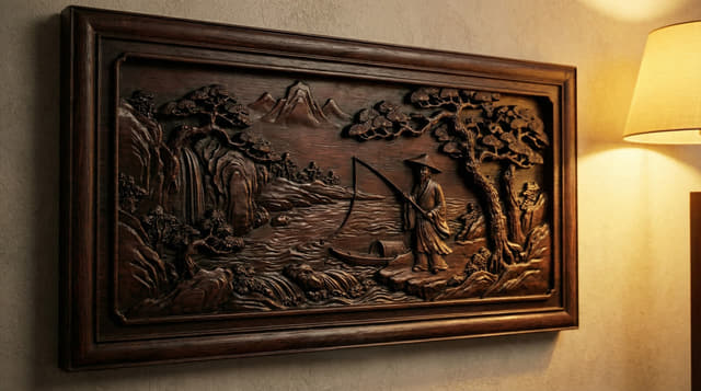 溪山垂钓木雕浮雕壁板实拍