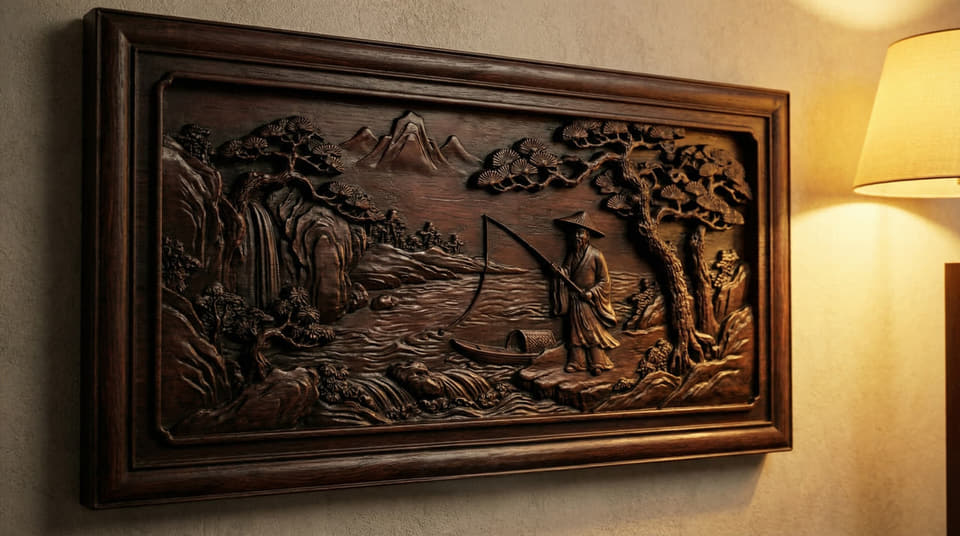 溪山垂钓木雕浮雕壁板实拍
