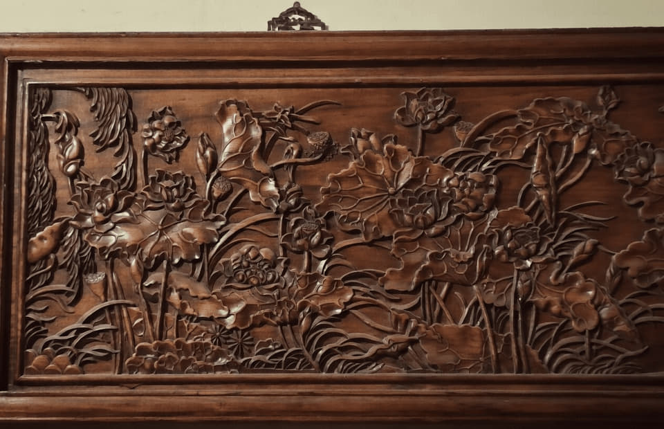 荷塘清韵木雕浮雕壁板实拍