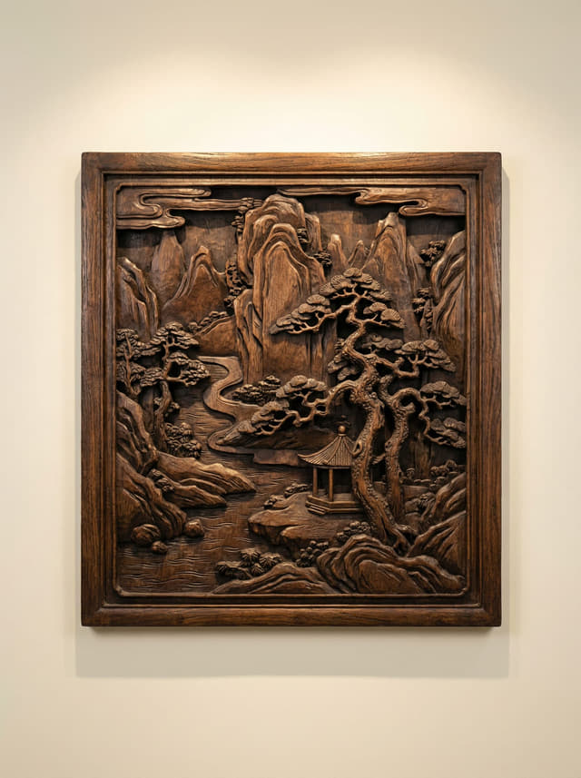 山水亭阁木雕浮雕壁板实拍