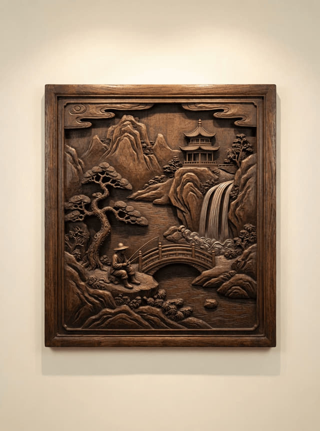 山水亭桥垂钓题材浮雕板实拍