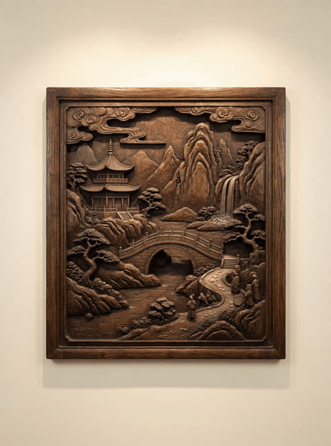 山水亭桥人物题材浮雕板实拍