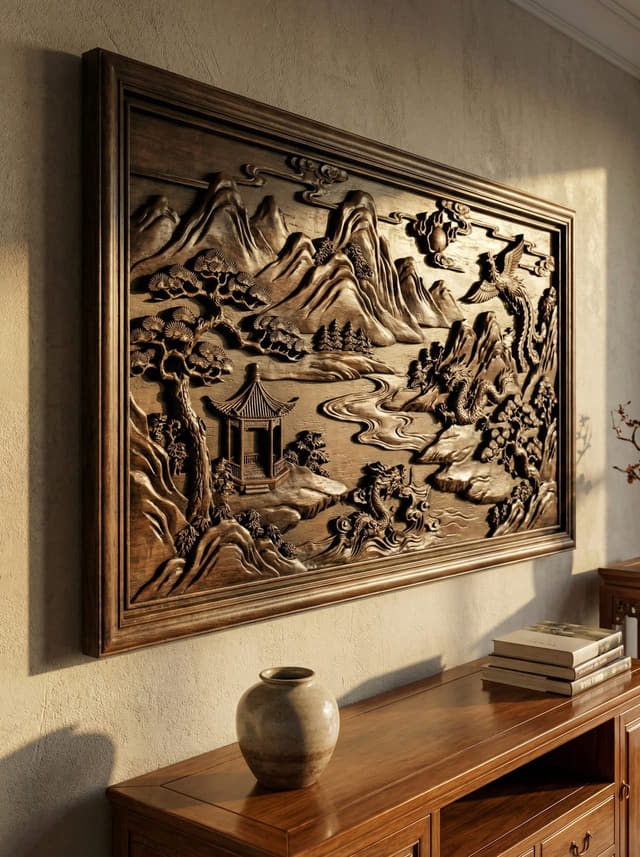 龙凤山水题材横幅浮雕壁板实拍