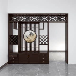 中式圆景玄关隔断柜实景