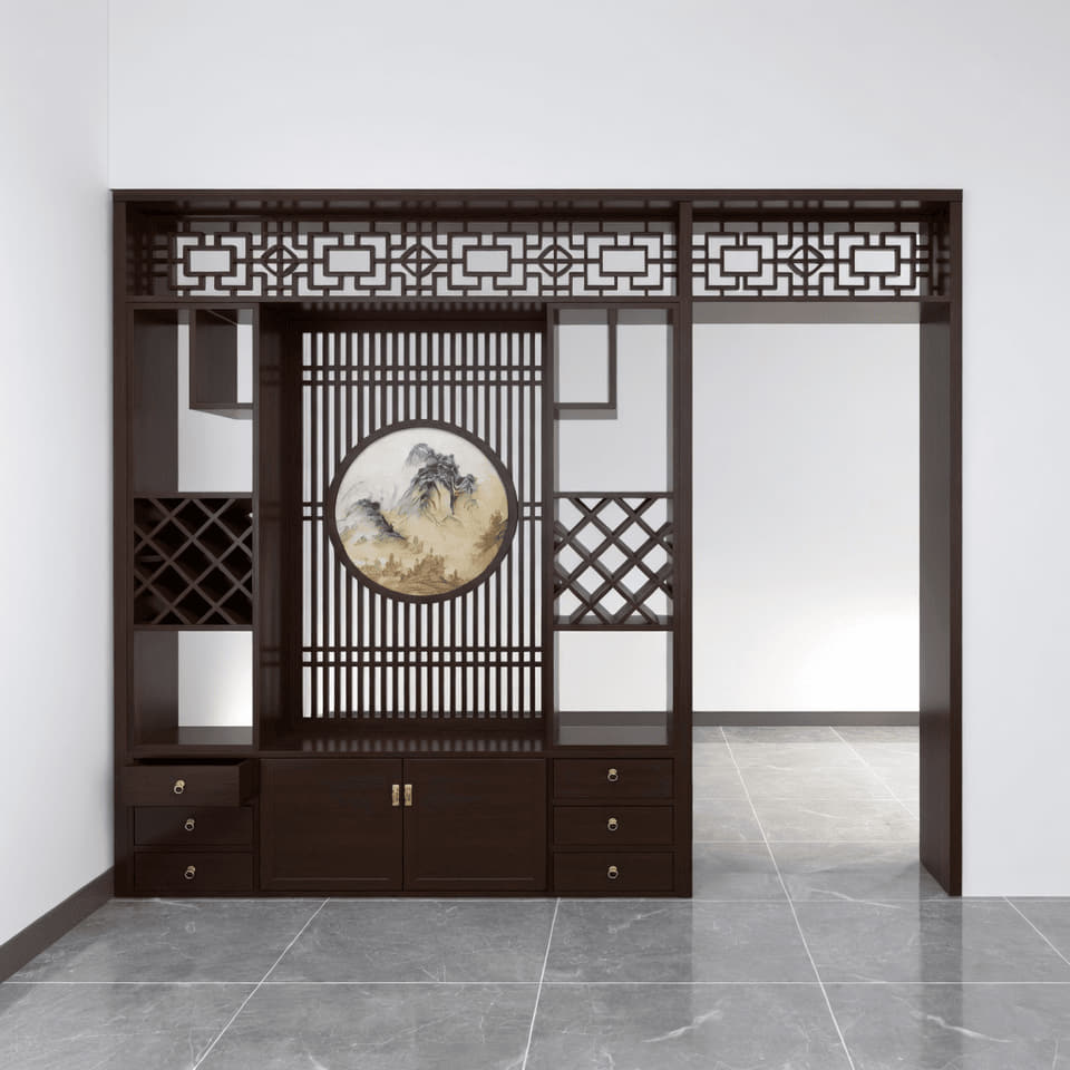 中式圆景玄关隔断柜实景