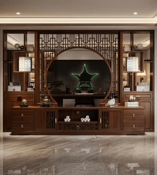 办公背景隔断柜与圆景中庭实景