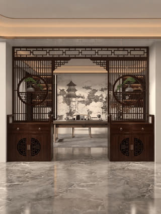 中式圆景隔断柜组合实拍