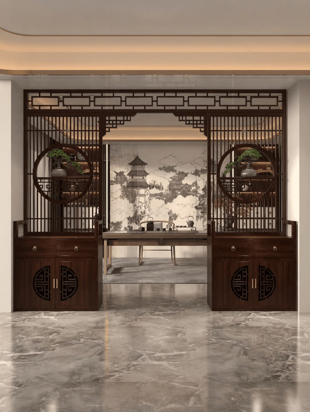 中式圆景隔断柜组合实拍