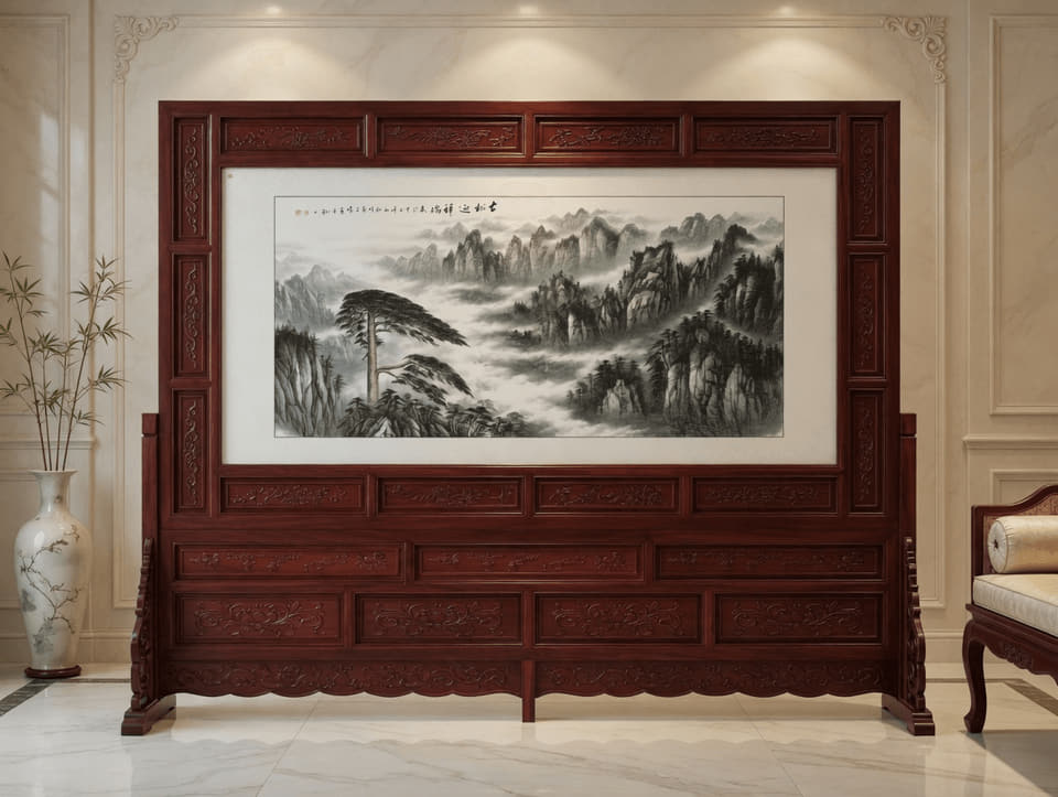 中式山水画框景屏风客厅背景实景