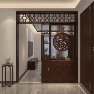 中式玄关圆雕隔断花格实景