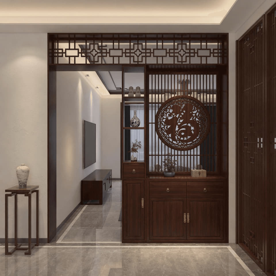 中式玄关圆雕隔断花格实景