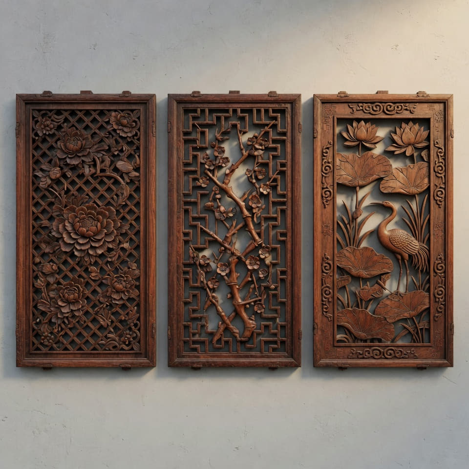 花鸟三联浮雕挂屏墙面实拍