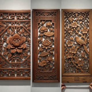 花鸟三联雕花挂屏实拍