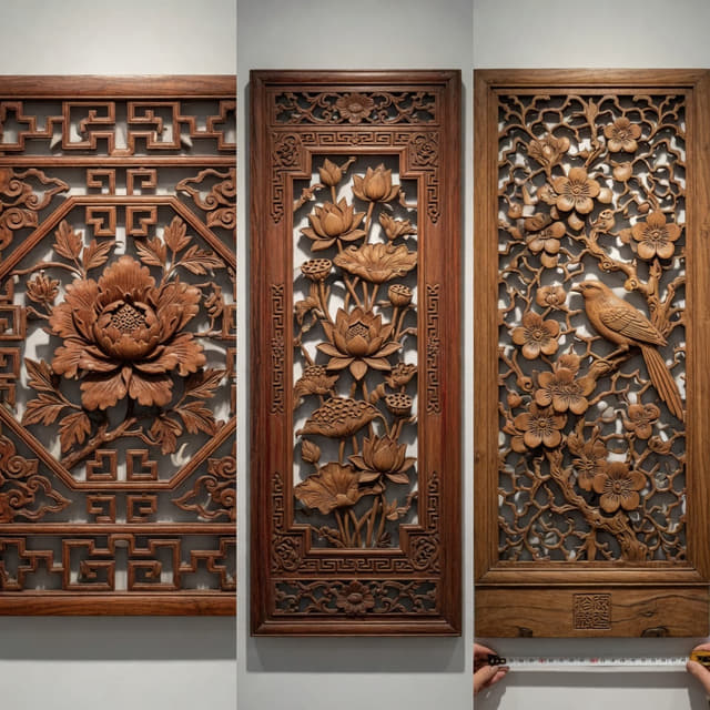 花鸟三联雕花挂屏实拍