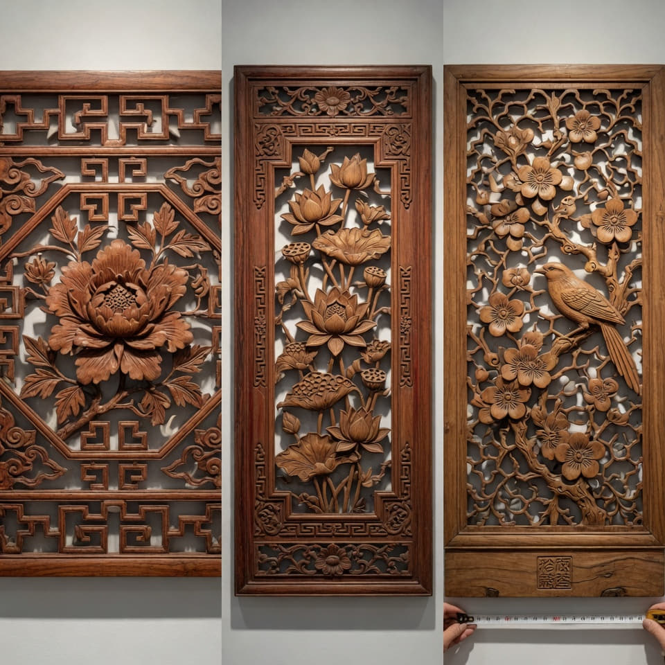 花鸟三联雕花挂屏实拍