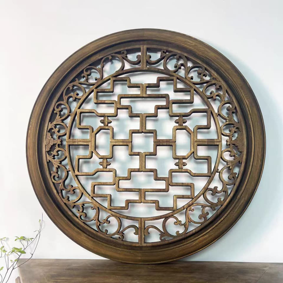 回纹圆景花格挂饰木雕实拍