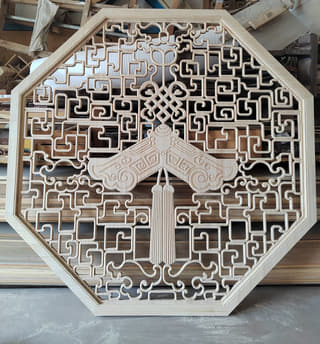 八角框景回纹花格原木半成品实拍