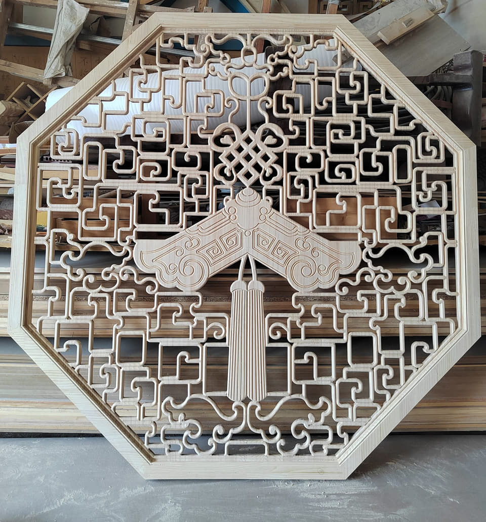 八角框景回纹花格原木半成品实拍