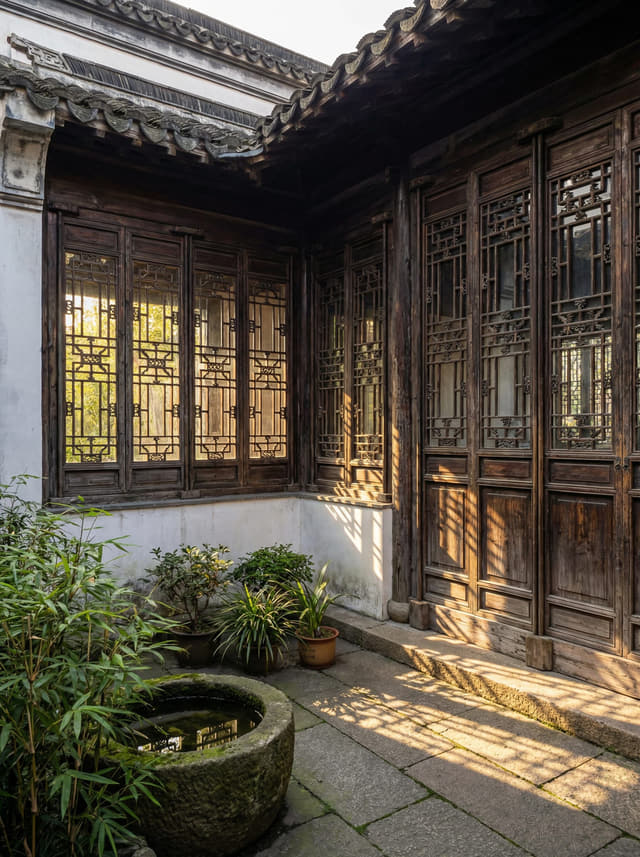 中式庭院格扇门窗实景