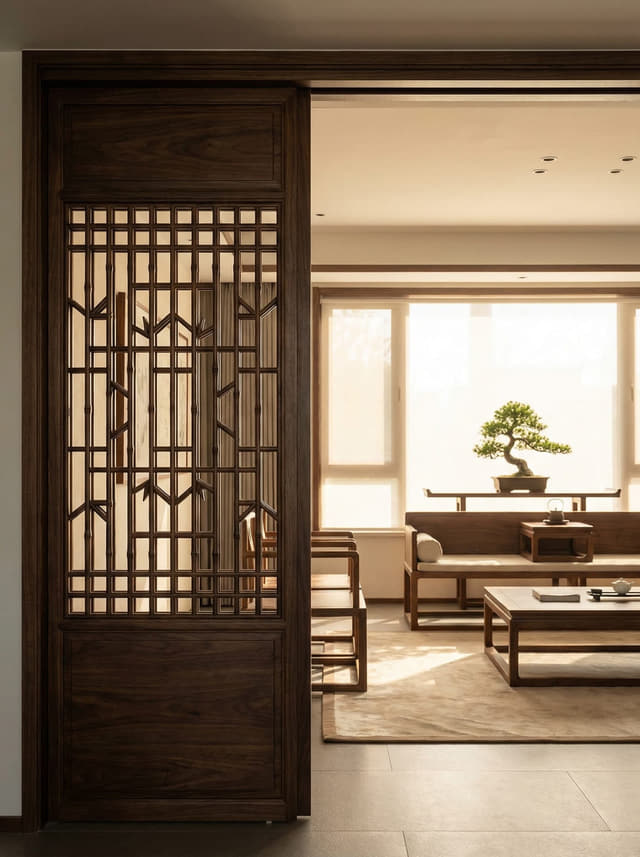 中式室内格栅移门客厅实景