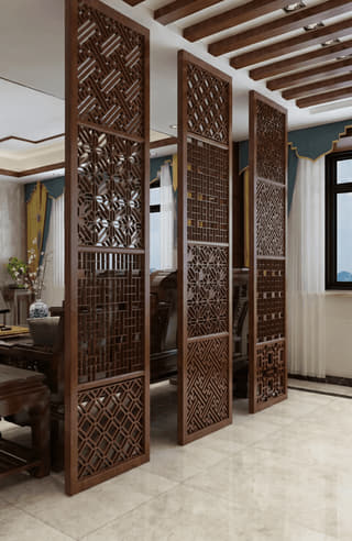 中式组合落地隔断屏风客厅实景