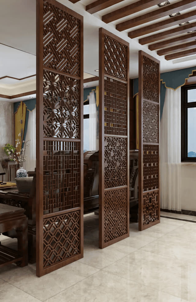 中式组合落地隔断屏风客厅实景