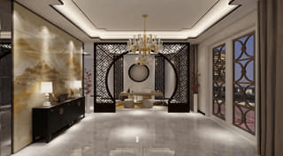 新中式圆景花格隔断客厅实景