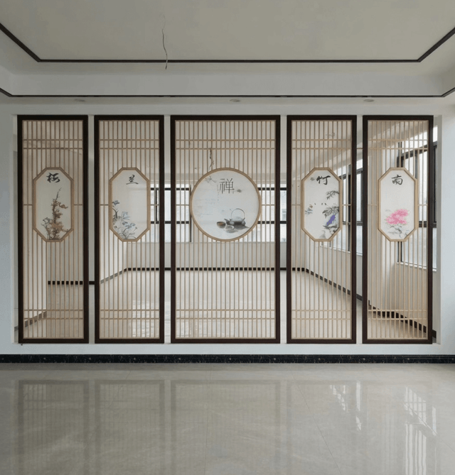 禅意梅兰竹菊格栅隔断实拍