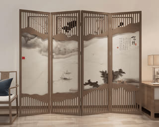 水墨山村四扇折屏实拍