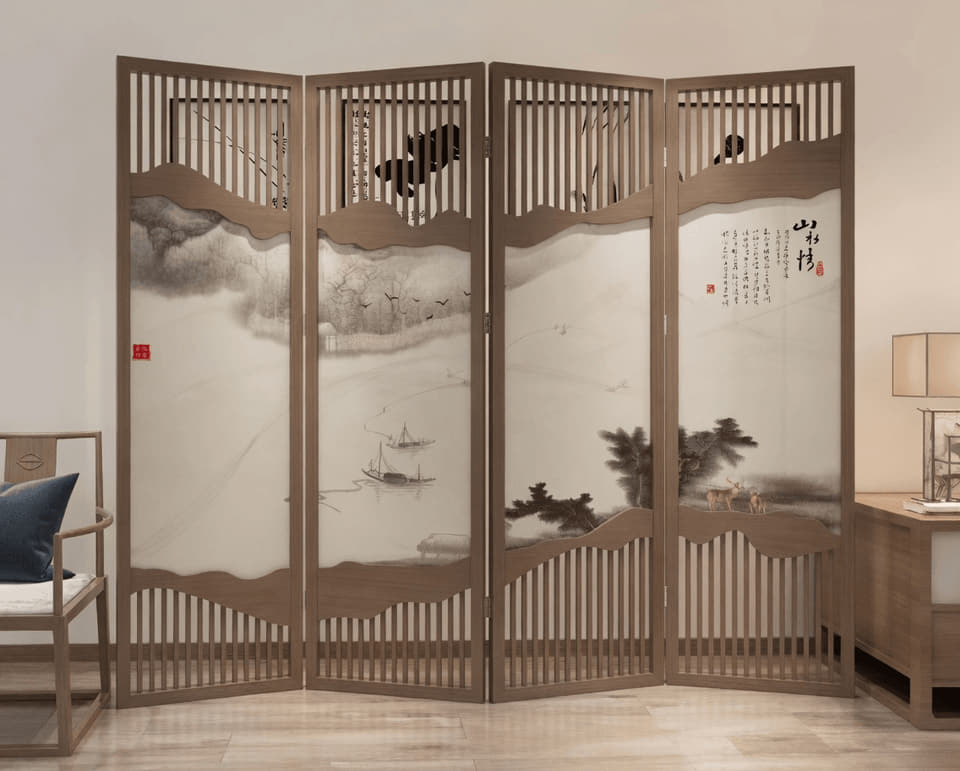 水墨山村四扇折屏实拍