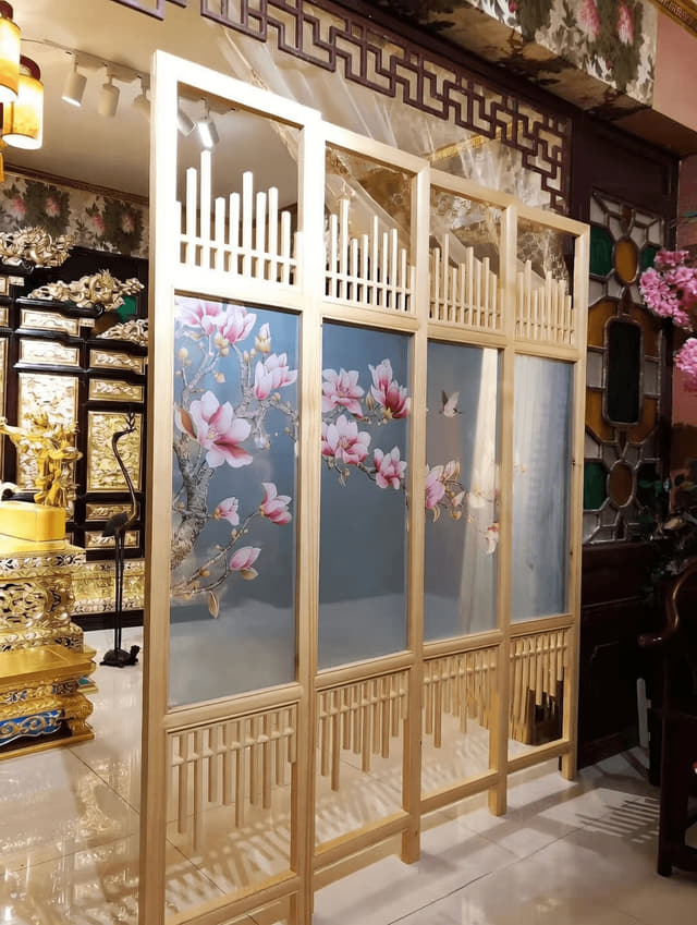 花鸟纱画四扇屏风实拍