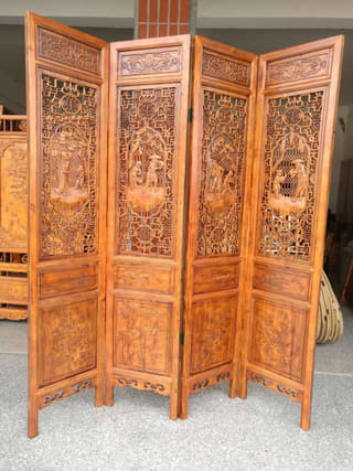 人物雕花四扇屏风实拍