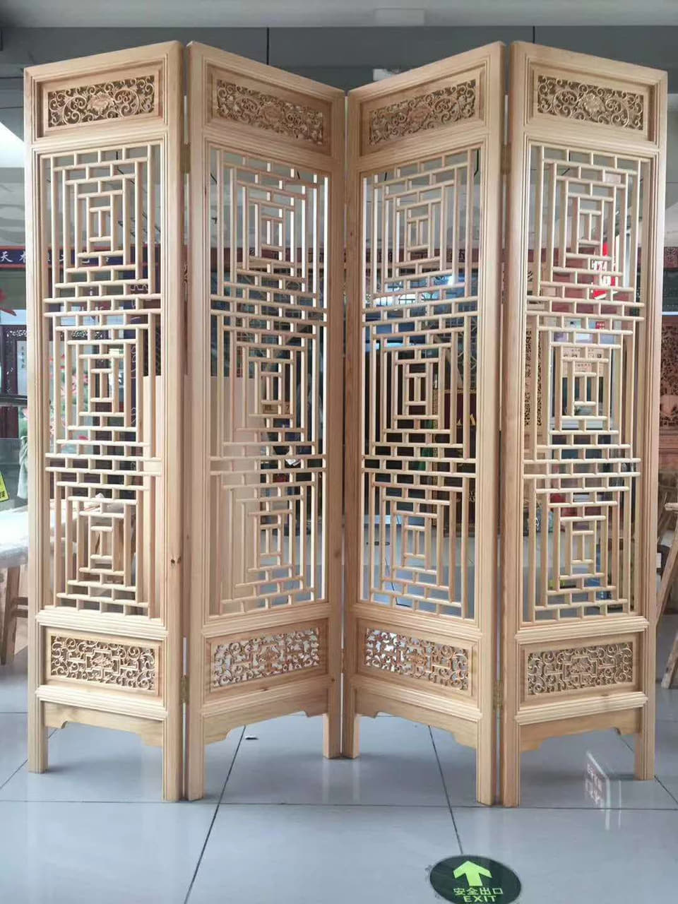 原木回纹四扇折屏实拍
