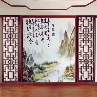 春游图背景花格中堂墙面实拍