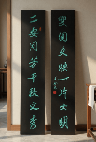 黑底青字竖式楹联实拍