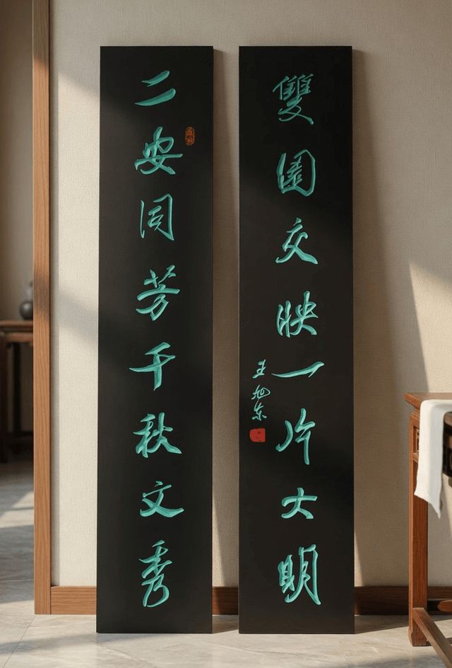 黑底青字竖式楹联实拍